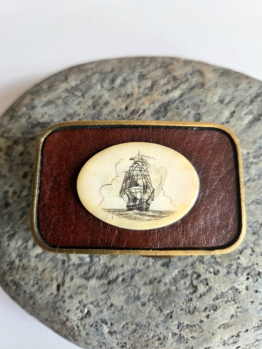 Vintage Belt Buckle Scrimshaw Sailing Ship Leather Background Framed Solid Brass